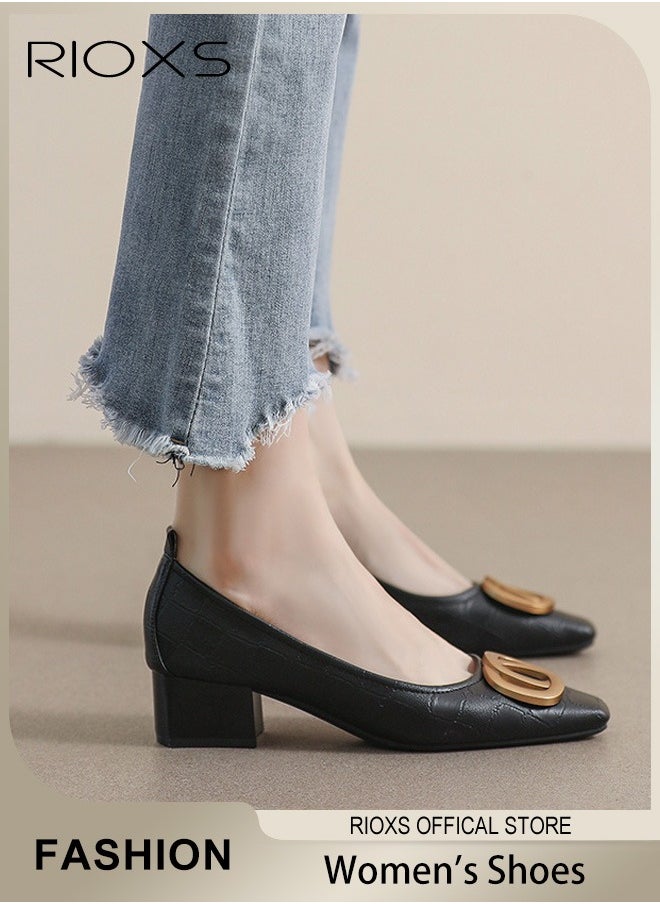 RIOXS Women's Pump Shoes, Square Closed Toe Chunky Heels, Fashion Heeled Shoe for Women, Low Heel Court Shoes, Chunky Heels Loafers for Ladies, Comfzy Dress Shoes for Office Work Business Formal Occasions, Ladys Heels for Elevating Your Status at Parties, Meetings, Interviews, Black Weddings Heels - Image 1